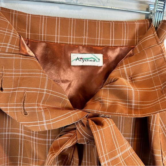 Alythea Plaid Orange Brown Button Down Mini A-Line Skirt Tie Front Belt Preppy - Picture 4 of 7
